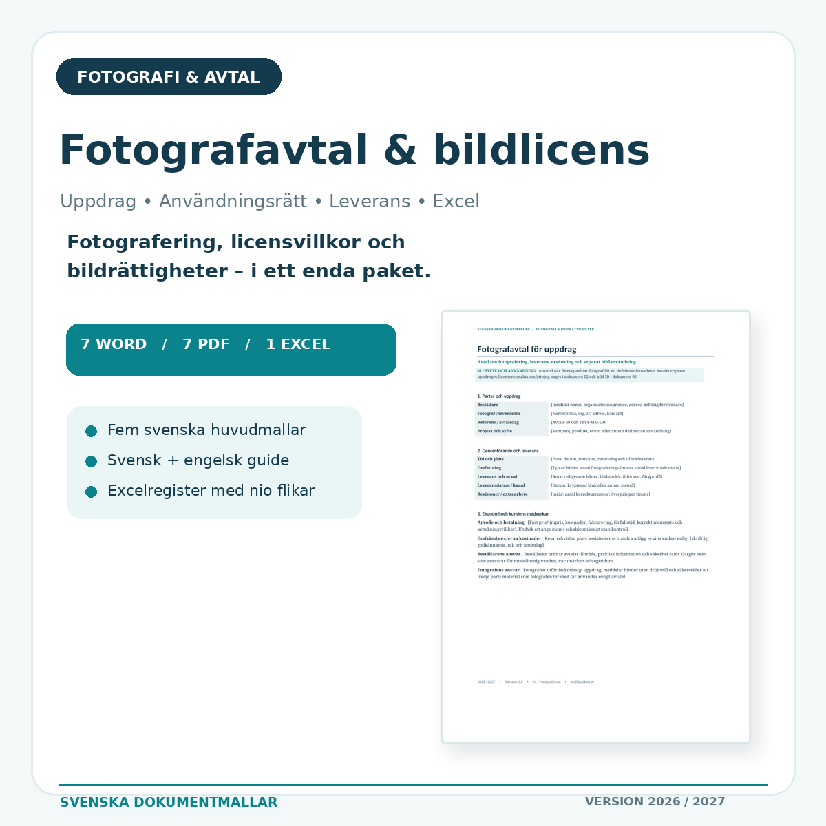 Fotografavtal och bildlicens 2027 – Word PDF Excel, verklig förhandsvisning av fotograferingsavtal
