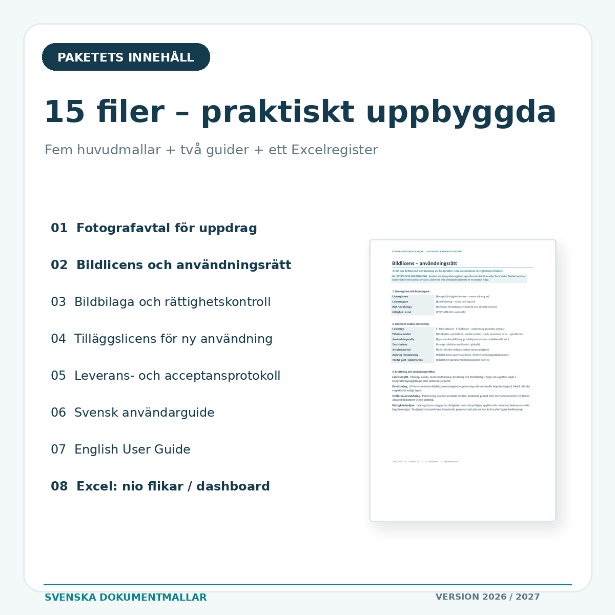 Fotografavtal paket med uppdragsavtal, bildlicens, rättighetsbilaga, tilläggslicens och leveranskvittens