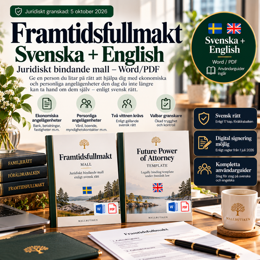 Framtidsfullmakt – svensk och engelsk Word/PDF-mall med användarguide