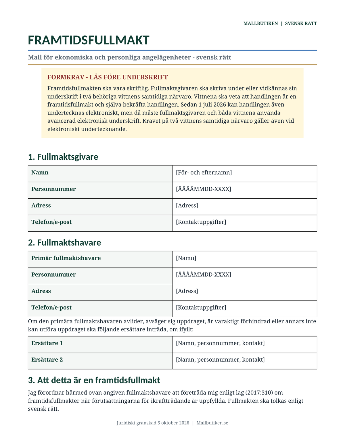 Swedish reference preview for Future Power of Attorney under Swedish law