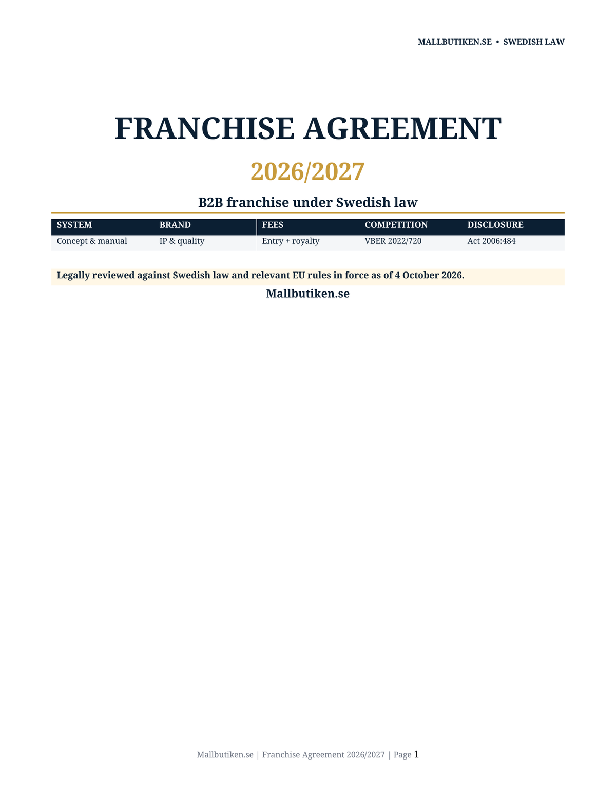 Cover of Franchise Agreement 2026/2027 under Swedish law
