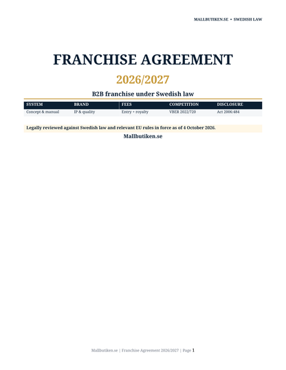 Cover of Franchise Agreement 2026/2027 under Swedish law