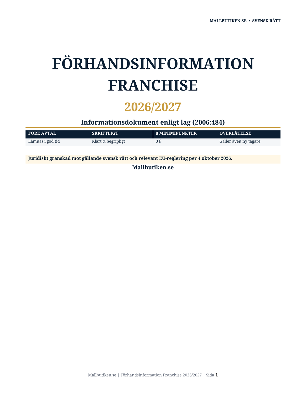 Förhandsinformation franchise enligt lag 2006:484 om franchisegivares informationsskyldighet