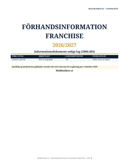 Förhandsinformation franchise enligt lag 2006:484 om franchisegivares informationsskyldighet