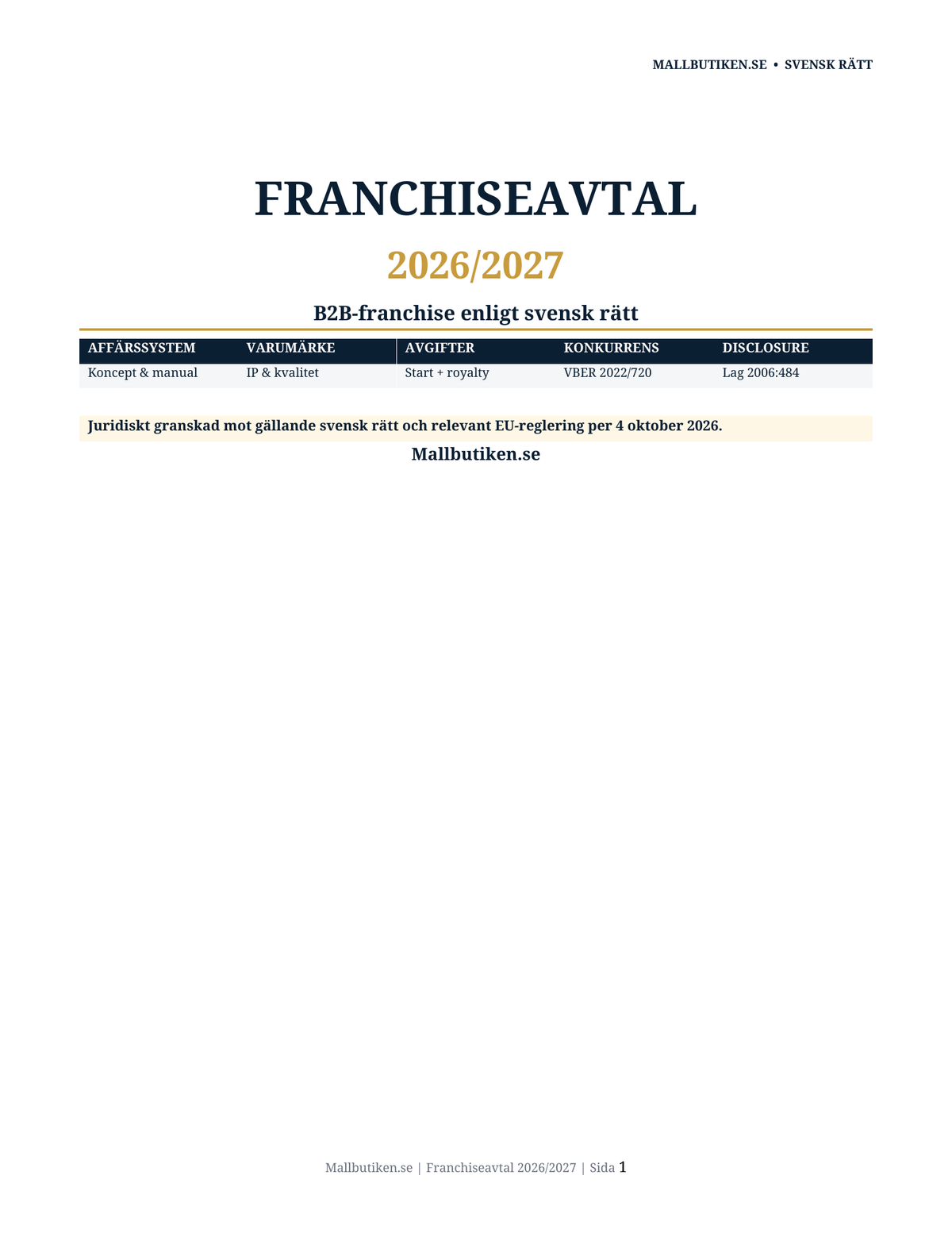 Omslag till svenskt Franchiseavtal 2026/2027 enligt svensk rätt