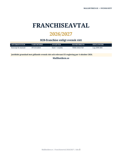 Omslag till svenskt Franchiseavtal 2026/2027 enligt svensk rätt