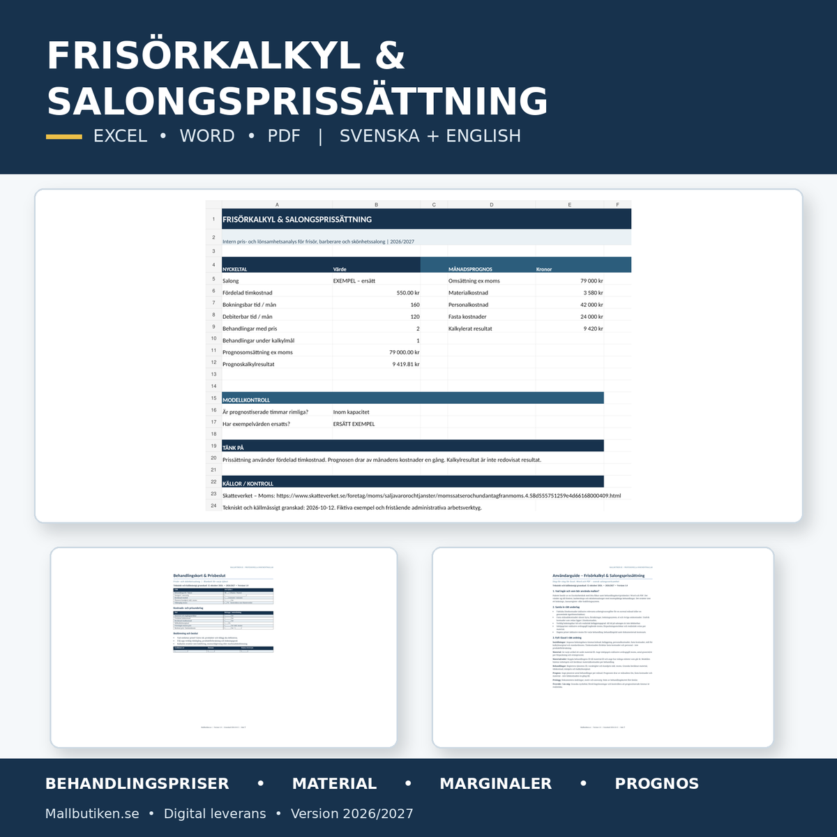 Frisörkalkyl och salongsprissättning 2026/2027 i Excel Word PDF