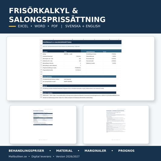 Frisörkalkyl och salongsprissättning 2026/2027 i Excel Word PDF
