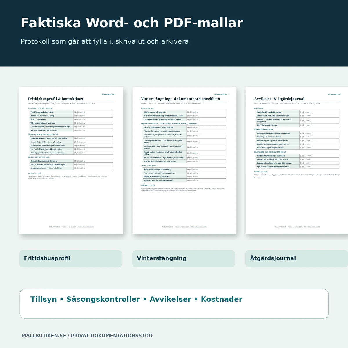 Fritidshusprofil, vinterstängningsprotokoll och åtgärdsjournal i Word/PDF – förhandsvisning