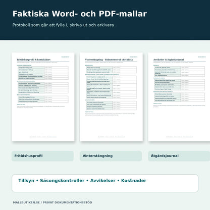Fritidshusprofil, vinterstängningsprotokoll och åtgärdsjournal i Word/PDF – förhandsvisning