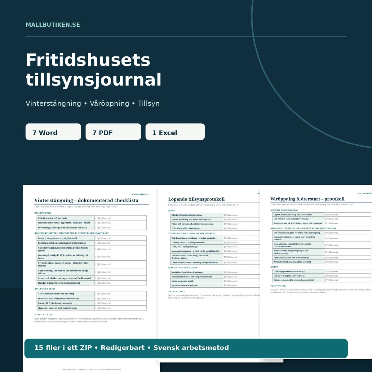 Fritidshusets tillsynsjournal och vinterstängning – huvudbild med faktiska Word/PDF-mallar