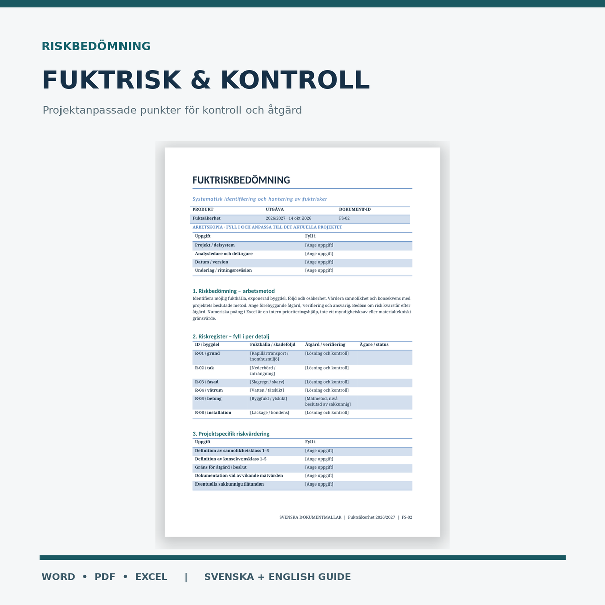 Mall för fuktriskbedömning och kontrollpunkter