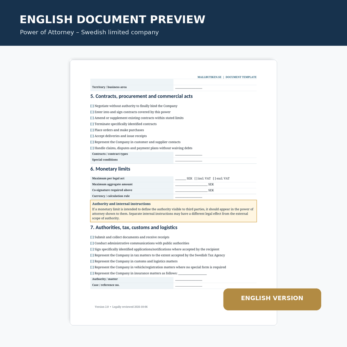 English preview of power of attorney to represent a Swedish limited company