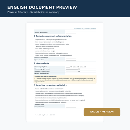 English preview of power of attorney to represent a Swedish limited company