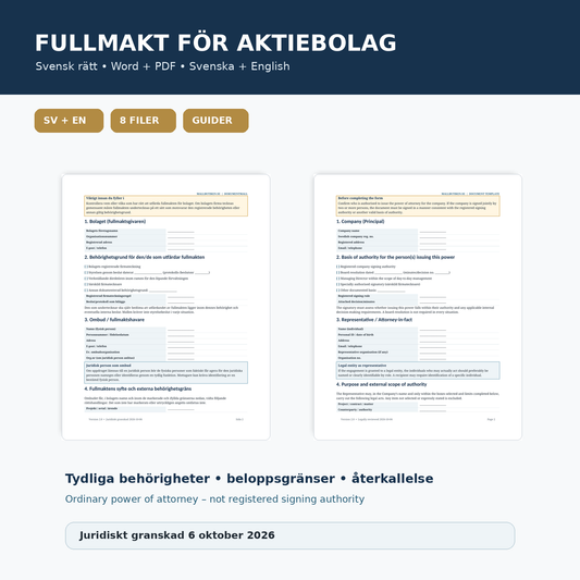 Fullmakt för aktiebolag – svensk och engelsk Word/PDF-mall med användarguider