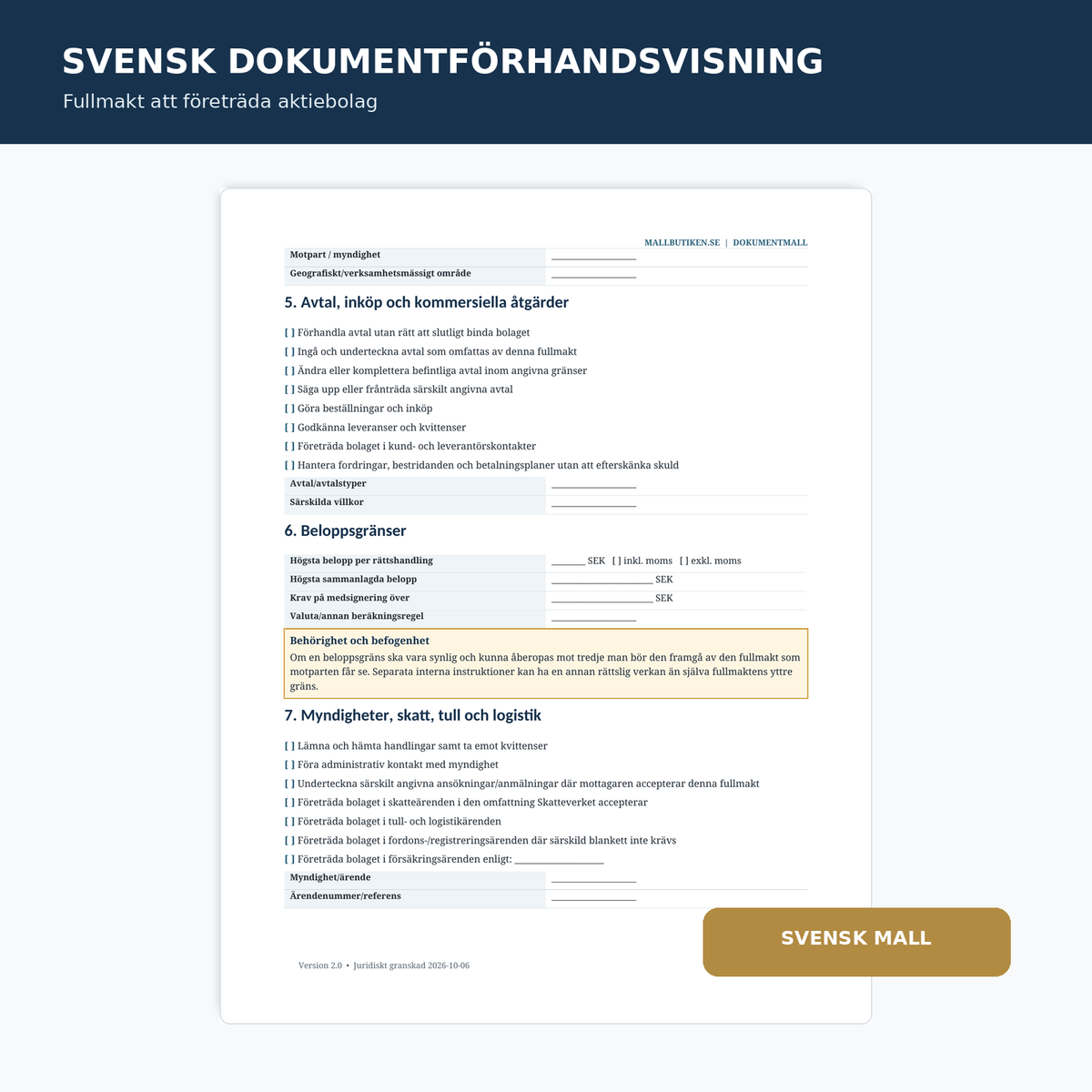 Svensk förhandsvisning av fullmakt för att företräda aktiebolag