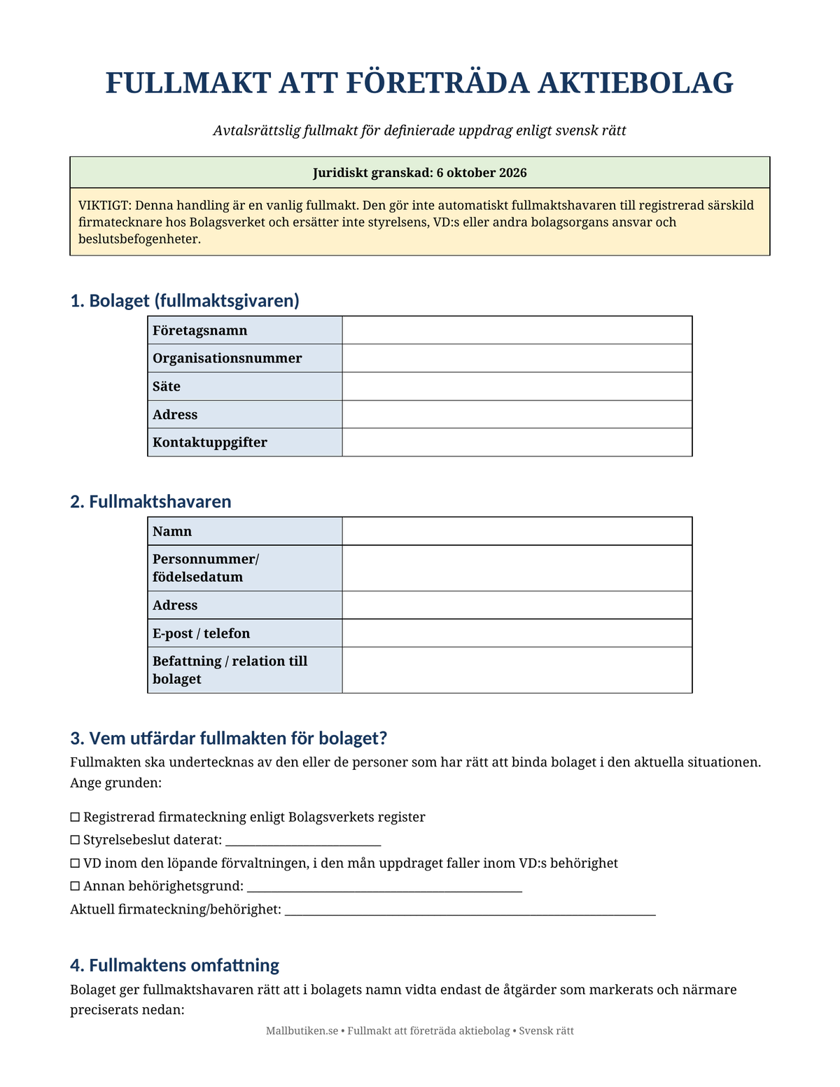 Swedish reference preview for Power of Attorney for a Swedish limited company