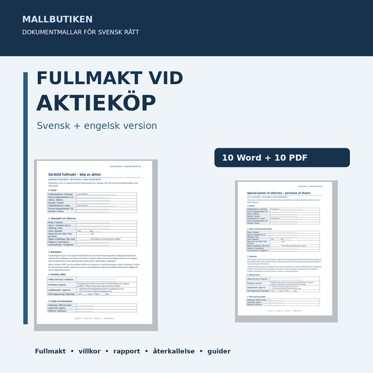Fullmakt att köpa aktier – komplett svenskt och engelskt Word/PDF-paket