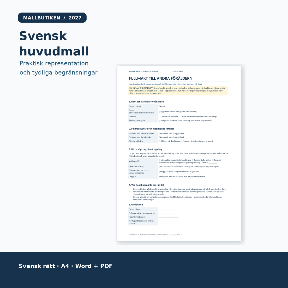Svensk avgränsad fullmakt till andra föräldern – verklig dokumentförhandsvisning