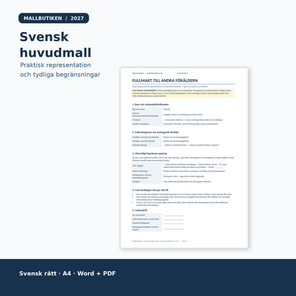 Svensk avgränsad fullmakt till andra föräldern – verklig dokumentförhandsvisning