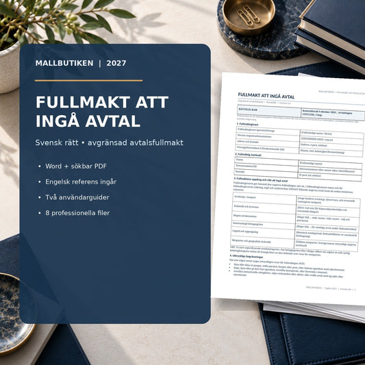 Fullmakt att ingå avtal – Word/PDF med engelsk referens och två användarguider 2027