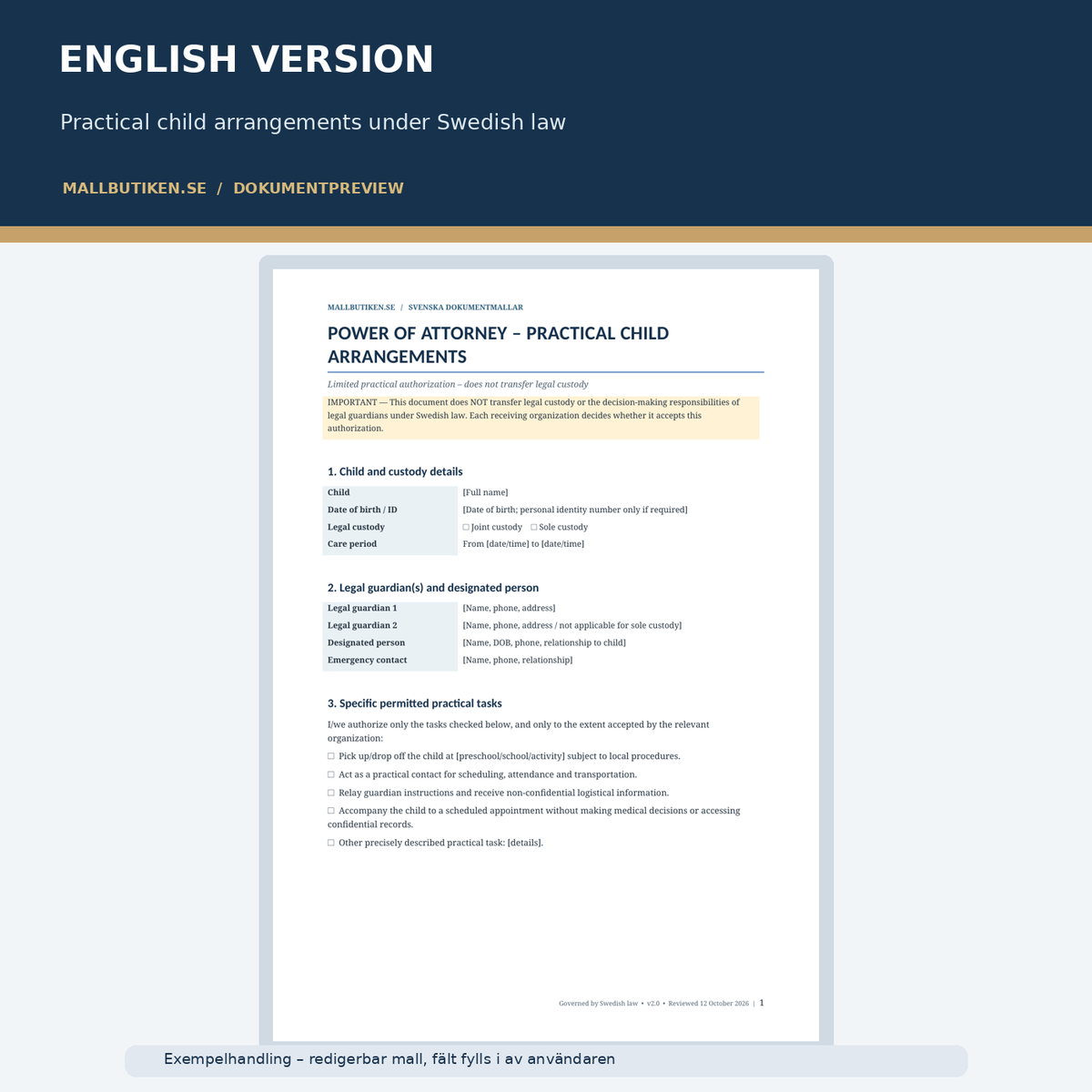 English Power of Attorney Practical Child Arrangements Swedish law preview