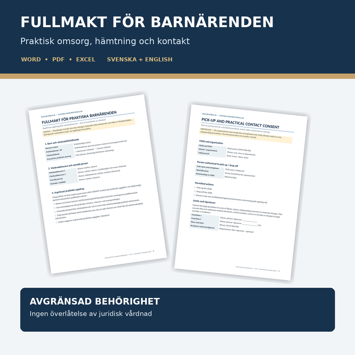 Fullmakt för praktiska barnärenden – svensk/engelsk mall Word PDF Excel