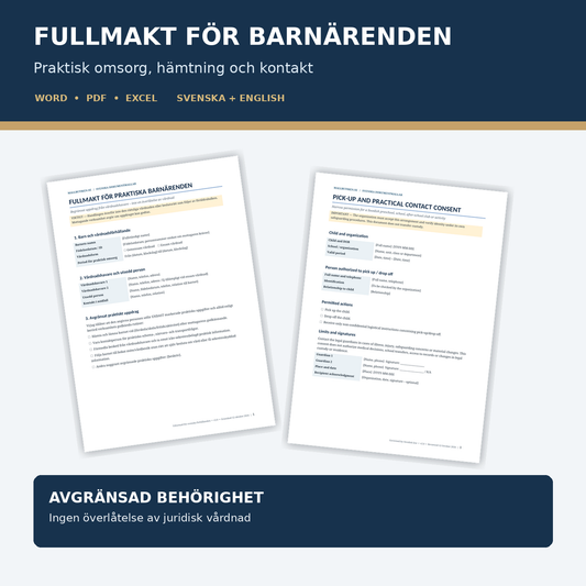 Fullmakt för praktiska barnärenden – svensk/engelsk mall Word PDF Excel