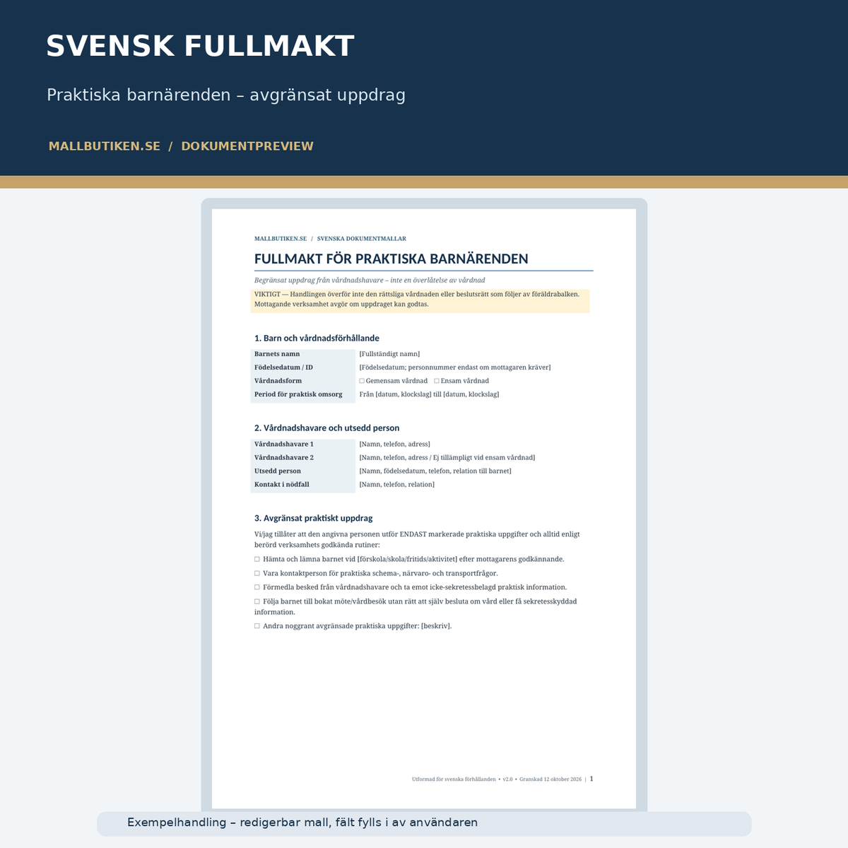 Svensk begränsad fullmakt praktisk omsorg barn – förhandsvisning