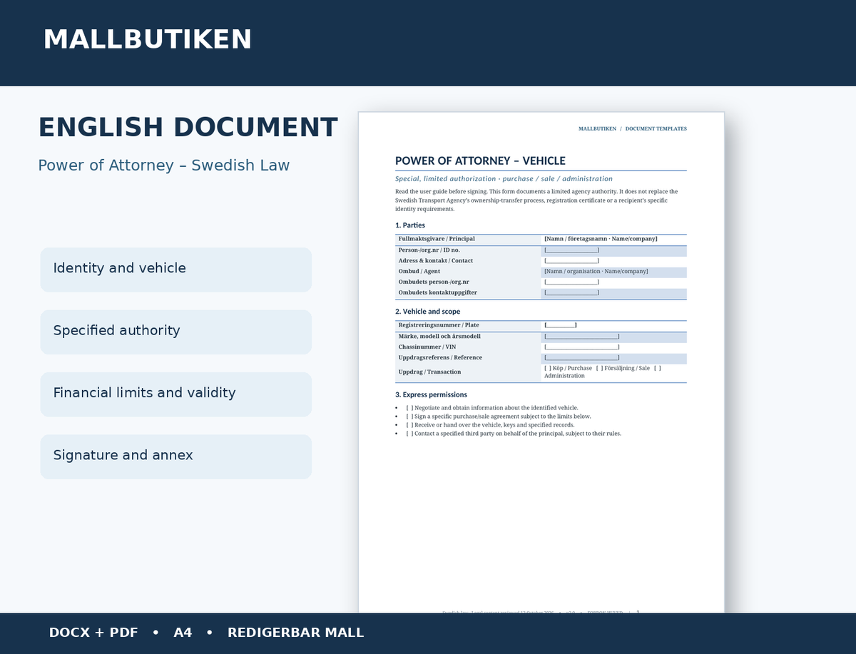 English vehicle power of attorney under Swedish law – preview
