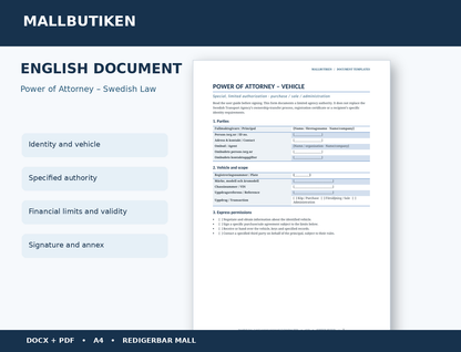 English vehicle power of attorney under Swedish law – preview