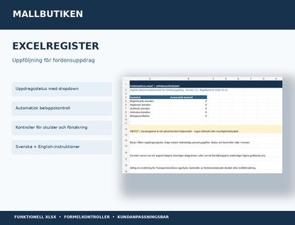 Funktionellt Excelregister för fordonsfullmakter – dashboard och beloppskontroller