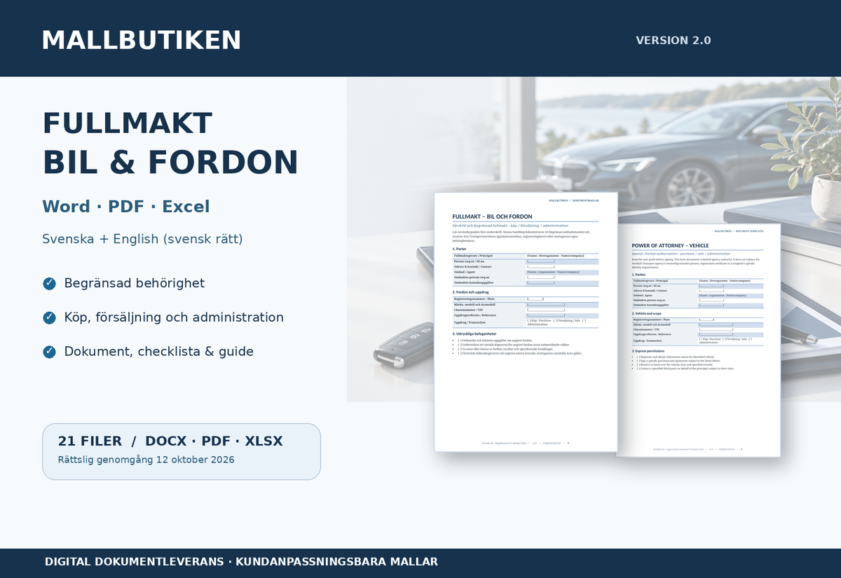 Fullmakt bil och fordon – Word, PDF, Excel, svensk och engelsk version med guider