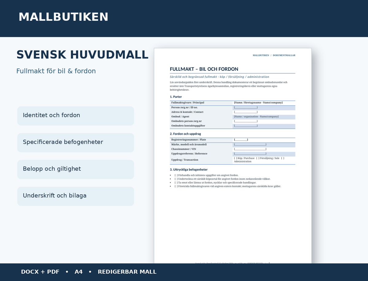 Svensk fullmakt för bil och fordon – faktisk förhandsvisning av dokumentet