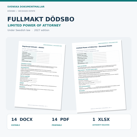 Fullmakt dödsbo engelska 2027, Word PDF Excel, svenska och engelska