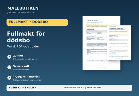 Fullmakt dödsbo – Word/PDF + English och guider med 20 filer