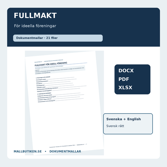 Fullmakt för ideell förening – Word PDF Excel med svenska och engelska mallar