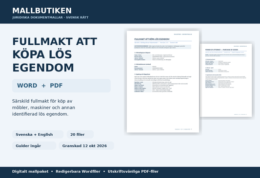 Fullmakt att köpa lös egendom – svensk och engelsk Word/PDF-mall med guider