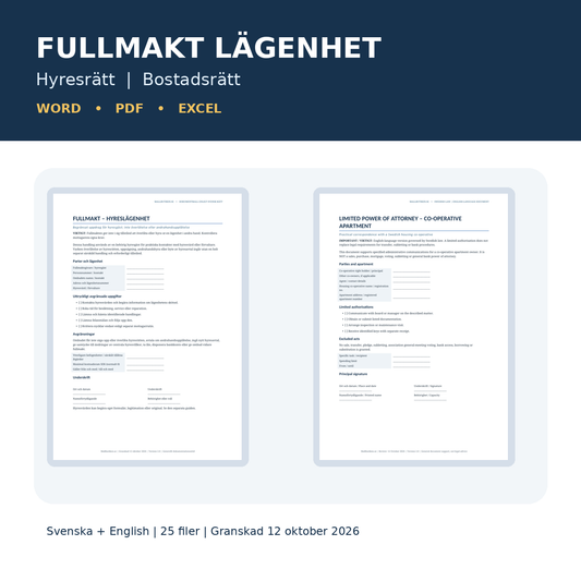 Fullmakt lägenhet för hyresrätt och bostadsrätt – Word, PDF, Excel samt svenska och engelska guider