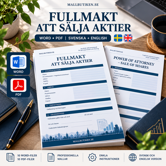 Fullmakt att sälja aktier – Word/PDF svenska och engelska med aktiespecifikation och guide
