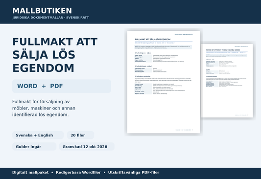 Fullmakt att sälja lös egendom – Word, PDF, svenska och engelska med guider