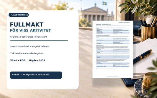 Fullmakt för viss aktivitet svensk mall Word PDF, engelsk referens och användarguider 2027
