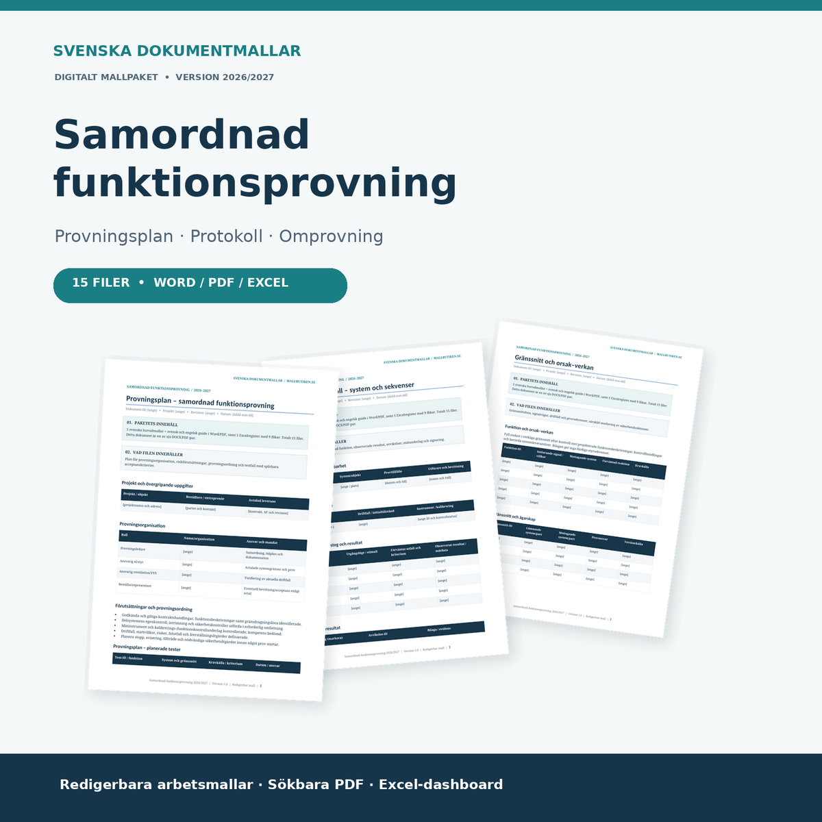 Samordnad funktionsprovning 2026 2027 provningsplan protokoll Word PDF Excel