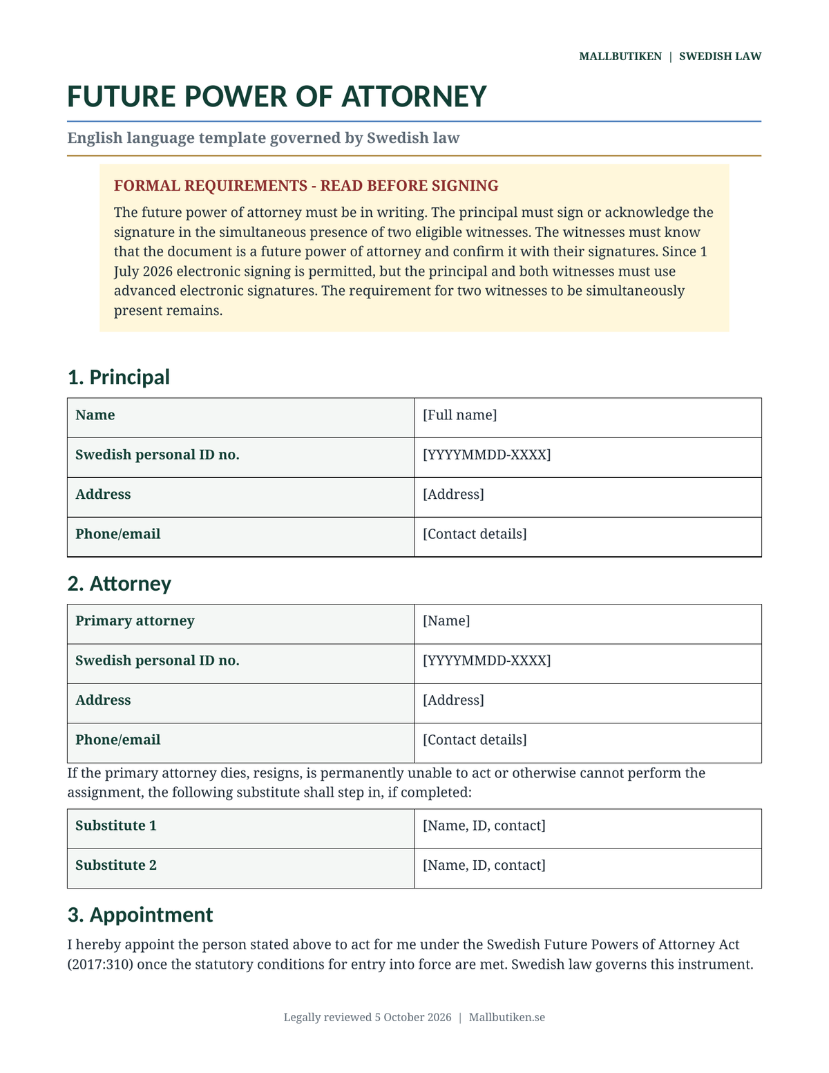 Preview of English future power of attorney template under Swedish law