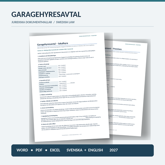 Hyresavtal garage – svensk och engelsk Word/PDF-mall, Excelregister och guider; faktisk dokumentförhandsvisning