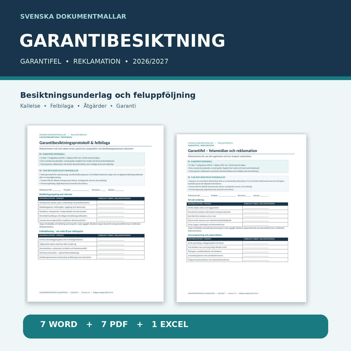 Garantibesiktning entreprenad 2026/2027 Word PDF Excel kallelse protokoll felanmälan