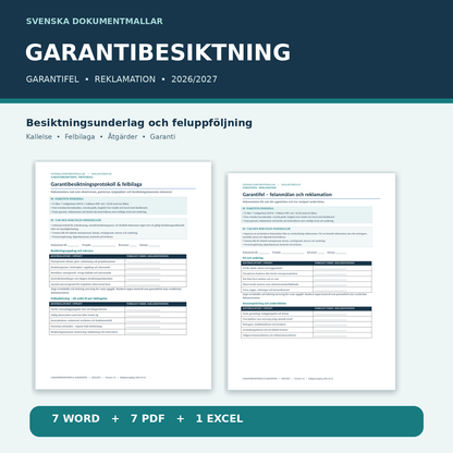 Garantibesiktning entreprenad 2026/2027 Word PDF Excel kallelse protokoll felanmälan