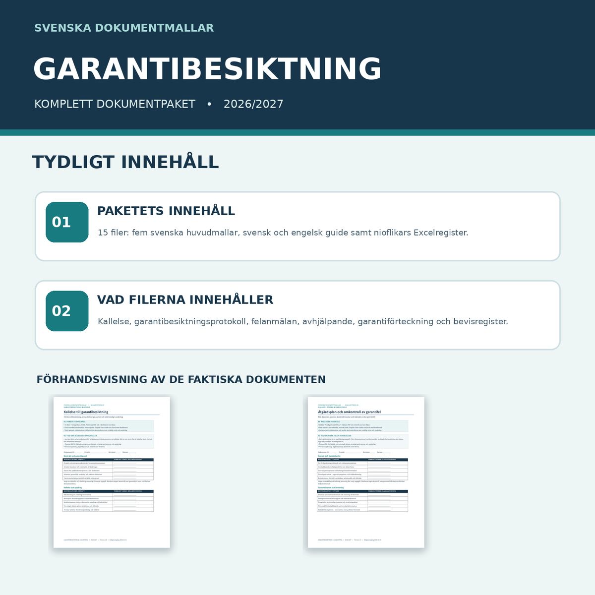 Paketets innehåll och vad filerna innehåller garantibesiktning 2026/2027
