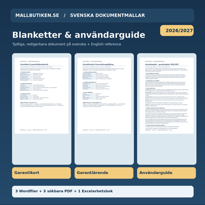 Garantikort och intern garantiärendeuppföljning Word PDF inklusive användarguide