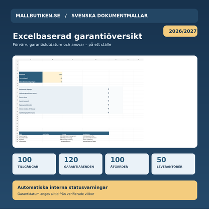 Excel register 100 inköpta tillgångar med garantislutdatum leverantörsärenden och intern bevakning